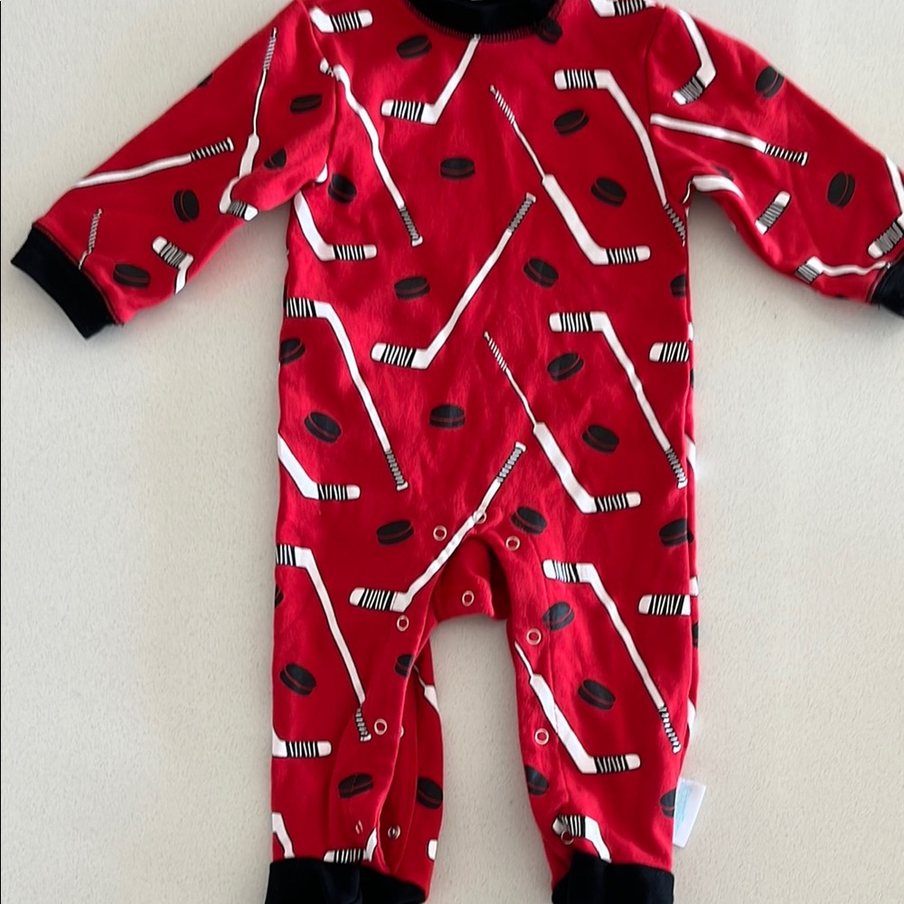 Hockey-Themed Red and Black Kids One Piece. - Picture 2 of 3